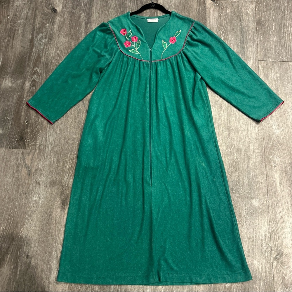 Appel Robe Women Large Velour Housecoat Pocket Full Zipper Green USA Vintage